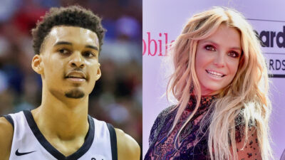 Photo of Victor Wembanyama in Spurs jersey and photo of Britney Spears smiling
