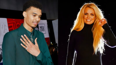 Photo of Victor Wembanyama with his hand on his chest and photo of Britney Spears in black dress