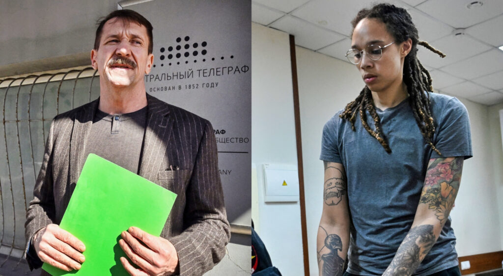 Photo of Viktor Bout holding document and photo of Brittney Griner in grey t-shirt