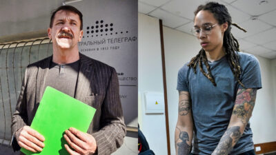 Photo of Viktor Bout holding document and photo of Brittney Griner in grey t-shirt