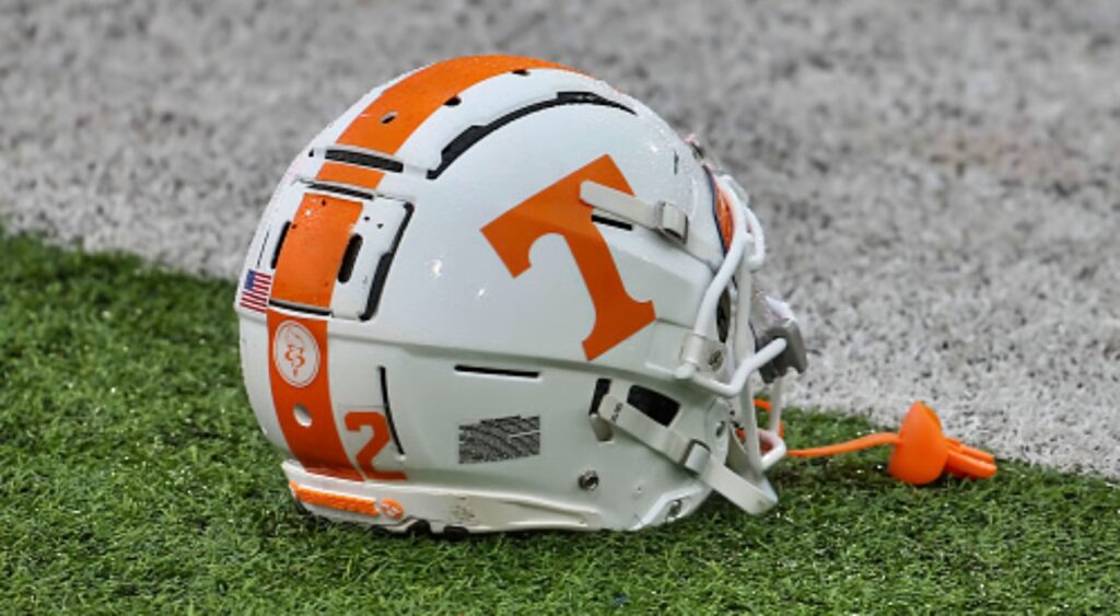 A Tennessee Volunteers helmet on the field.