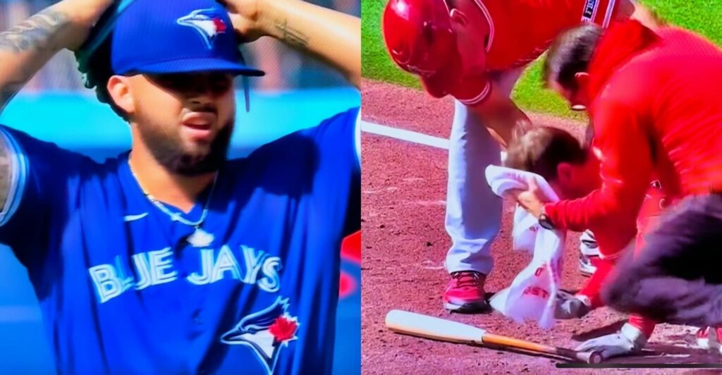 Toronto Blue Jays' pitcher Alek Manoah looking on (left). Los Angeles Angels' batter Taylor Ward being looked at after injury (right).