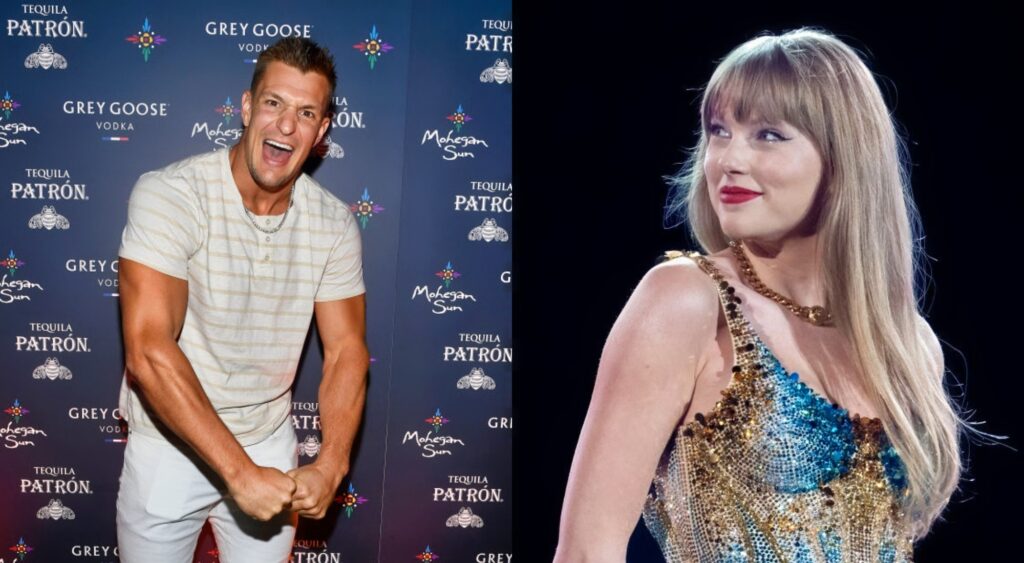 Rob Gronkowski flexing muscles. Taylor Swift smiling