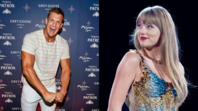 Rob Gronkowski flexing muscles. Taylor Swift smiling