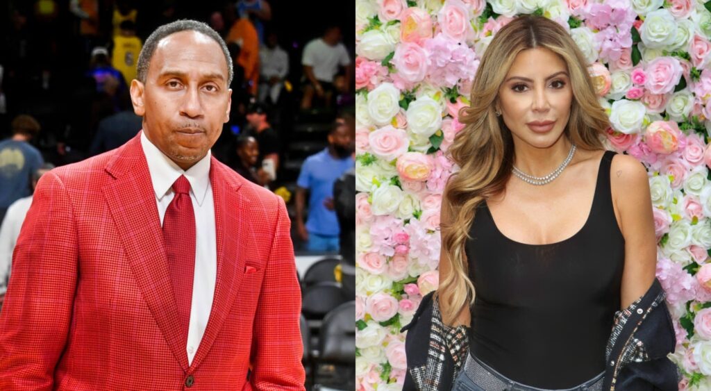 Stephen A. Smith in red suit. Larsa posing in black outfit