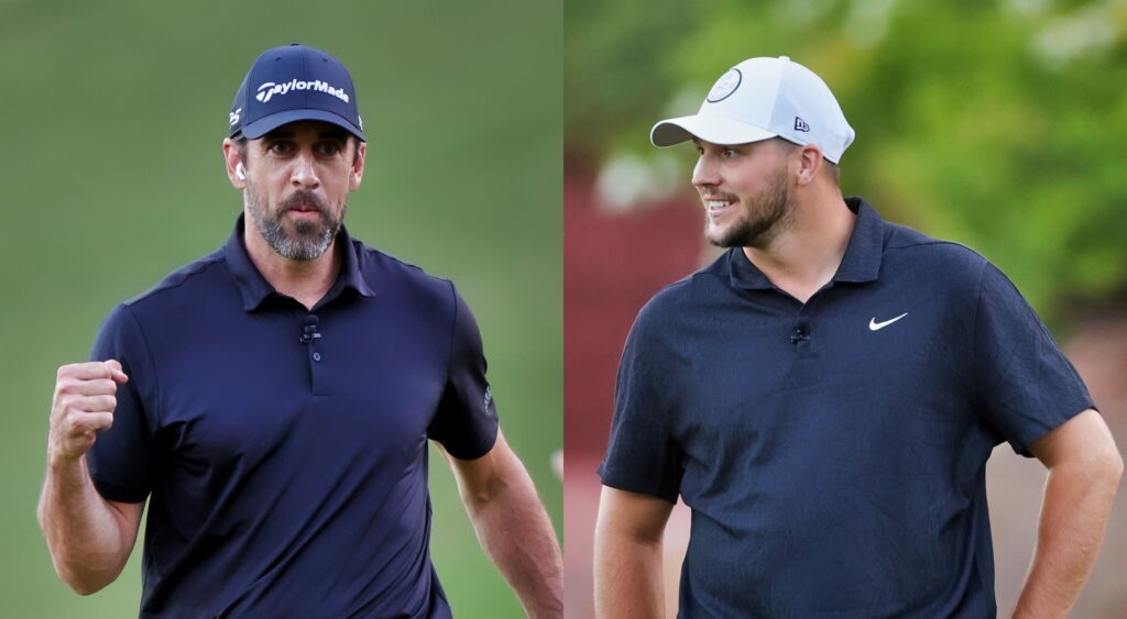 Split image of Aaron Rodgers and Josh Allen on the golf course.