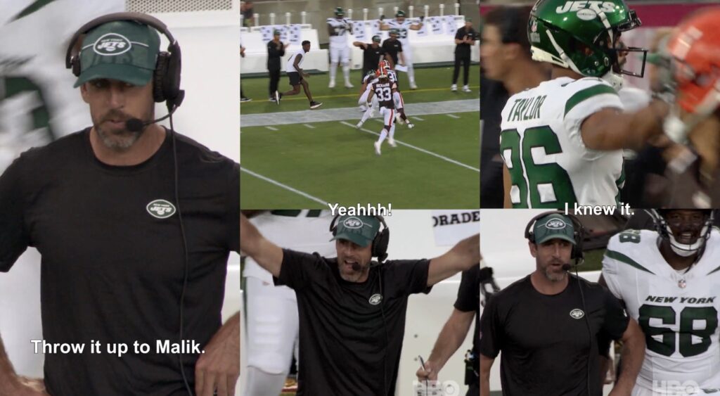 Split image of Aaron Rodgers calling a play from the sideline and Jets player making the catch.