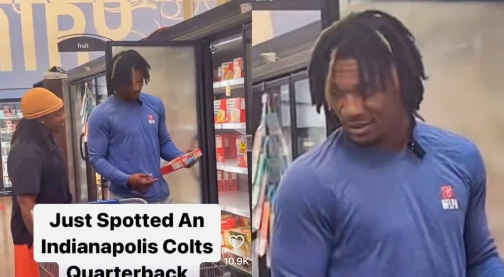 Split image of Anthony Richardson shopping at a grocery store.