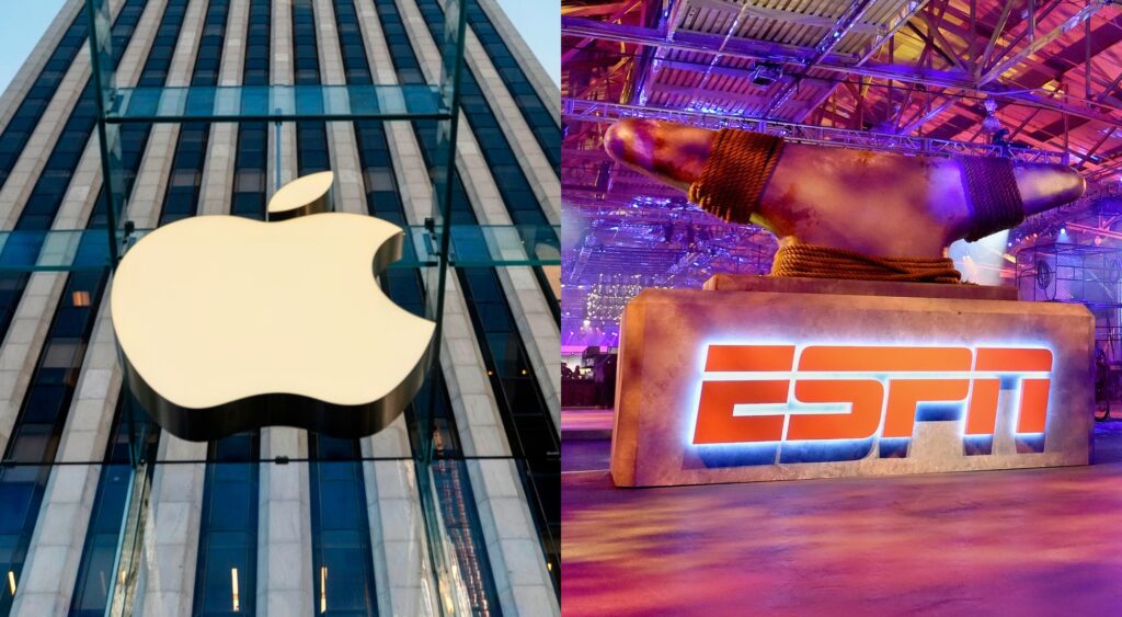 Split image of Apple and ESPN logos