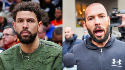 Photo of Ausin Rivers sitting on the bench at NBA game and photo of Andrew Tate speaking into a microphone