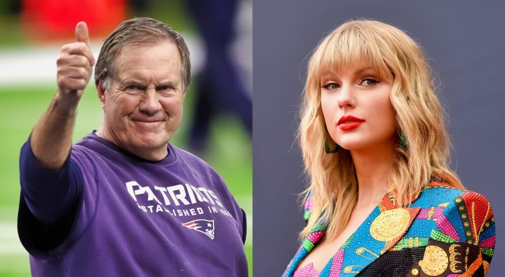 Bill Belichick holds his thumb up and Taylor Swift looks on.