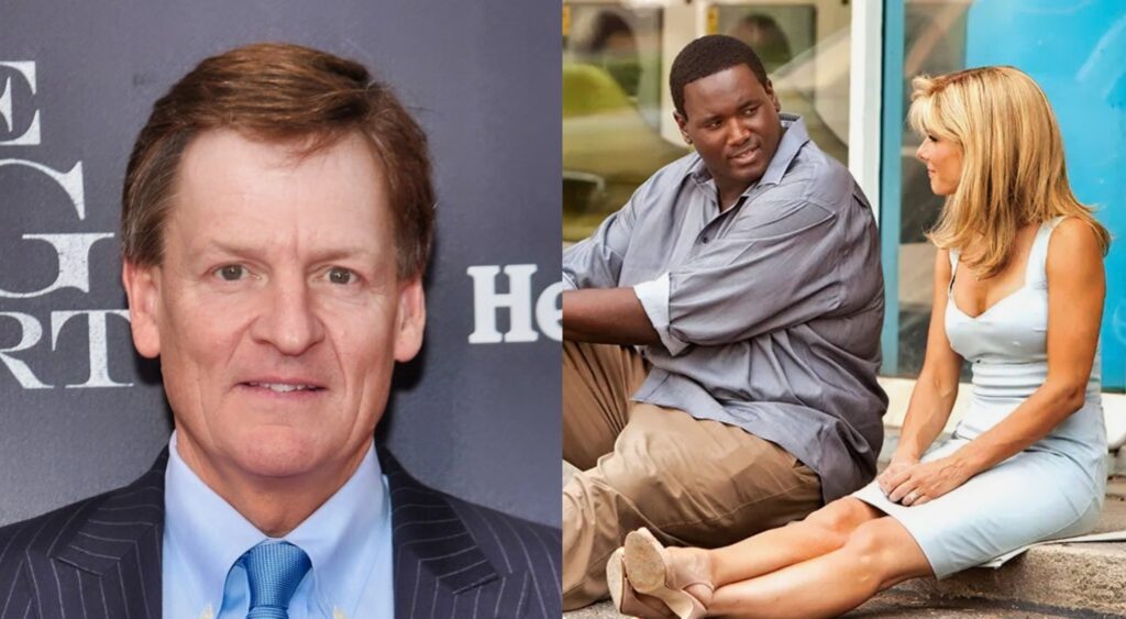 Split image of Michael Lewis and a scene from the Blind Side.