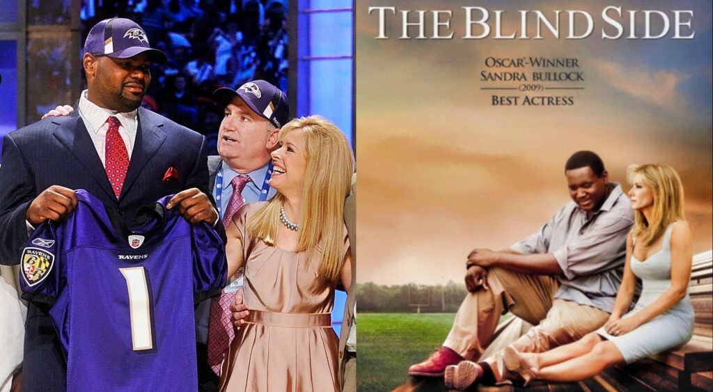 Split image of Michael Oher at the draft with the Tuohy family, and a screenshot of the poster for The Blind Side.