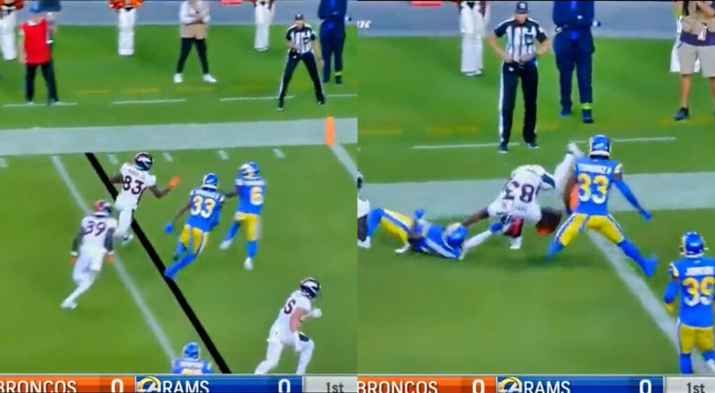 Broncos player gets facemasked by Rams player.