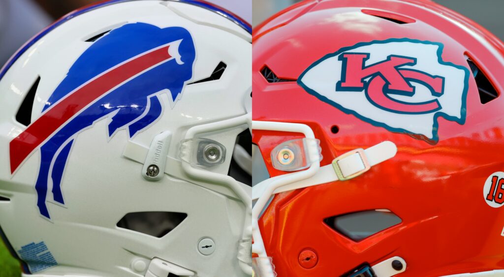 Split of Chiefs and Bills logos on their respective helmets.