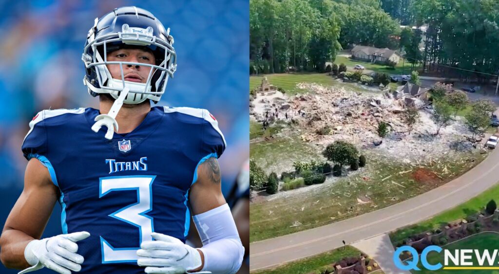 split image of Caleb Farley and the aftermath of his home explosion.