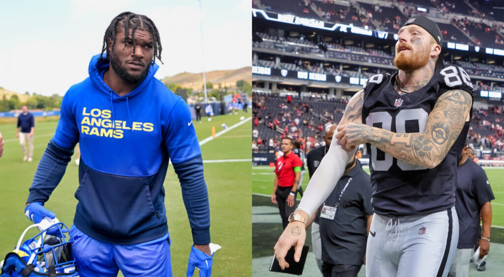 Photo of Cam Akers in Rams gear and photo of Maxx Crosby tugging his arm sleeve