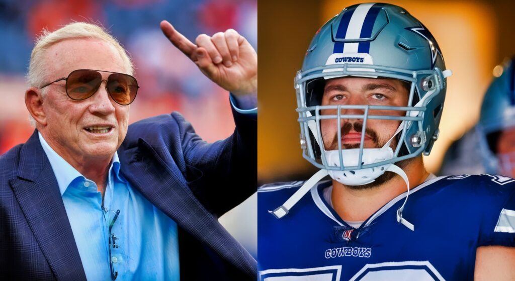 Dallas Cowboys owner Jerry Jones (left) looking on. Guard Zack Martin (right) looking on.
