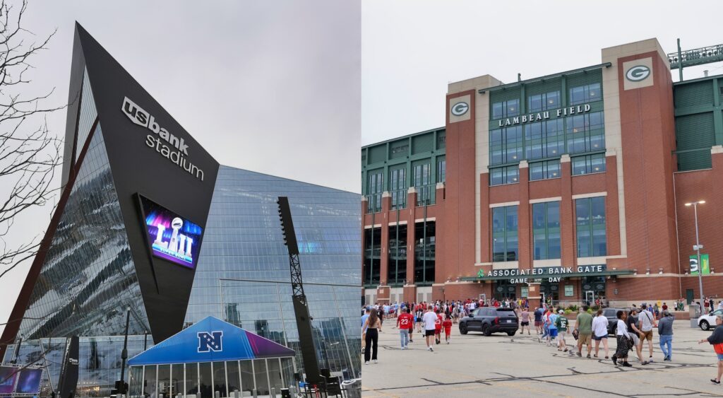 Exterior of U.S. Bank Stadium (left). Lambeau Field exterior view (right).
