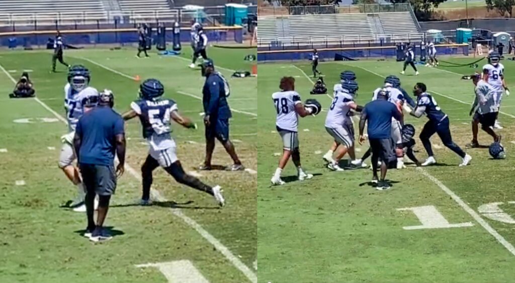 Split image of a fight from Cowboys practice.