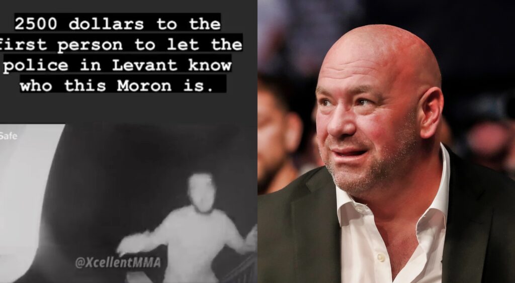 Split image of a screenshot from Dana White's security video and Dana White looking on.