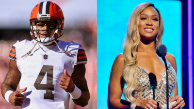 Photo of Deshaun Watson in browns uniform and photo of Jilly Anais behind a mic