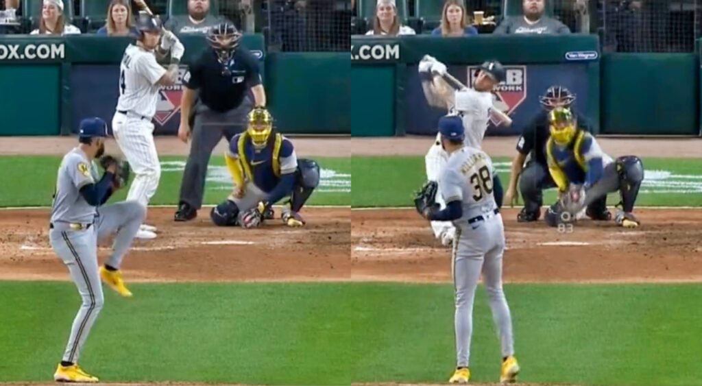 Split image of Devin Williams throwing his change up.