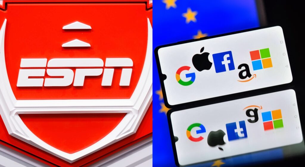 Split image of ESPN logo and a phone with the google, apple, facebook, amazon and windows logos.