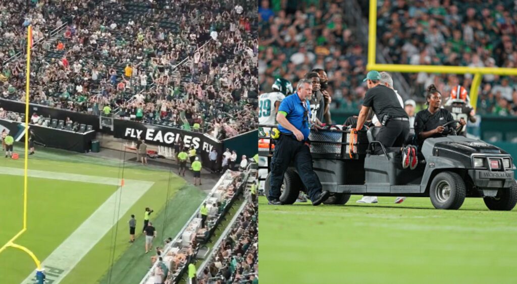 Split image of Eagles fans doing the wave and a player being carted off.