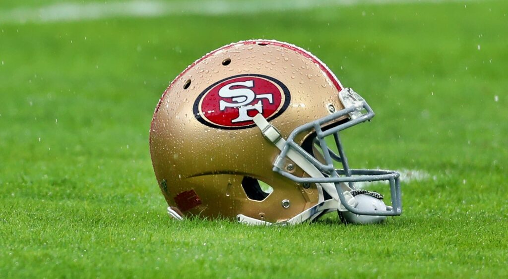 A San Francisco 49ers' helmet shown on field.