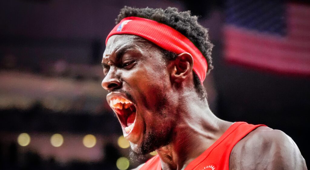 Pascal Siakam screams during a game.