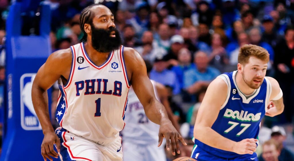 James Harden (left) dribbling with Luka Doncic running behind him (right).
