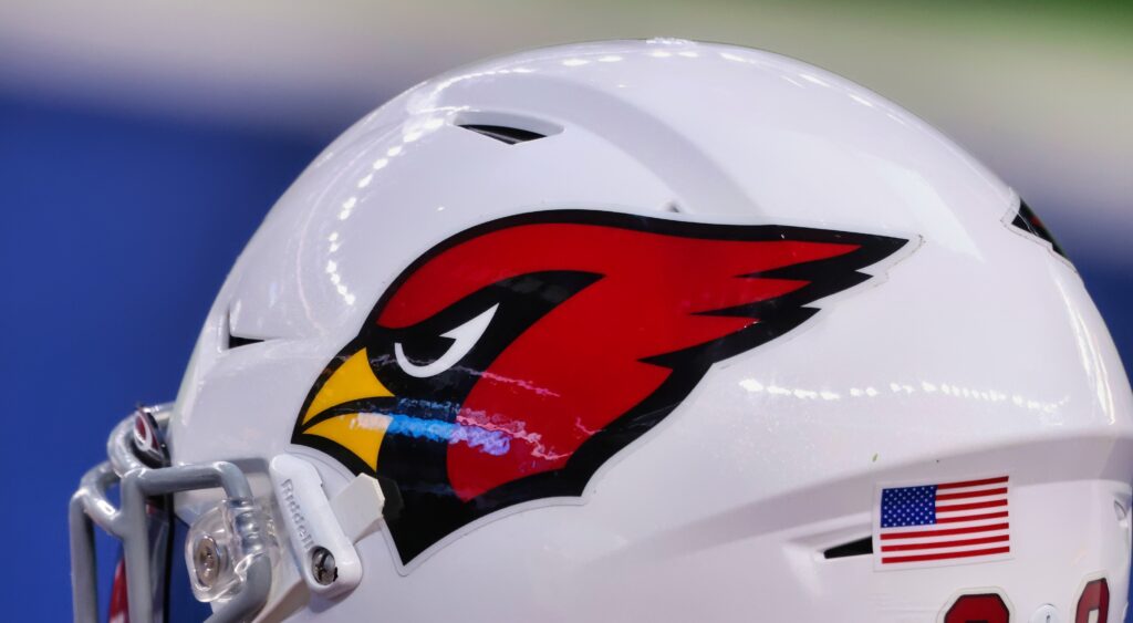 Closeup of the logo on an Arizona Cardinals helmet.