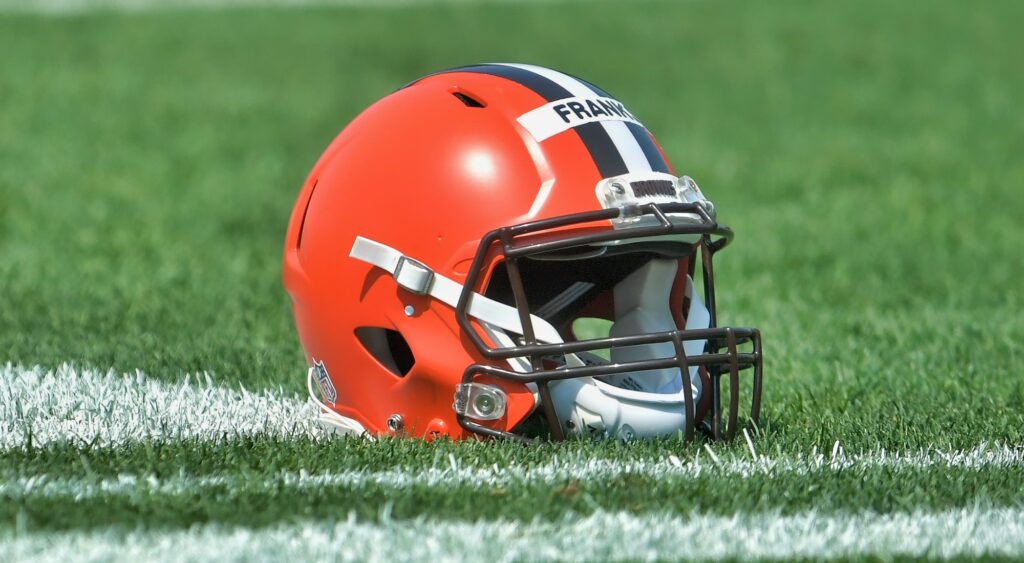 Cleveland Browns' helmet shown on field in Berea, Ohio.