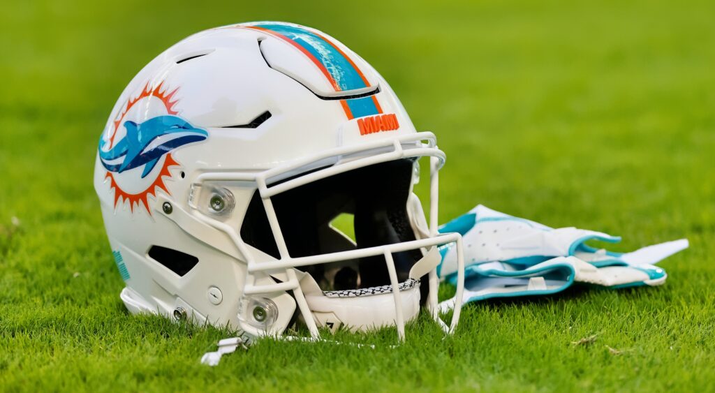 A Miami Dolphins' helmet shown on field.