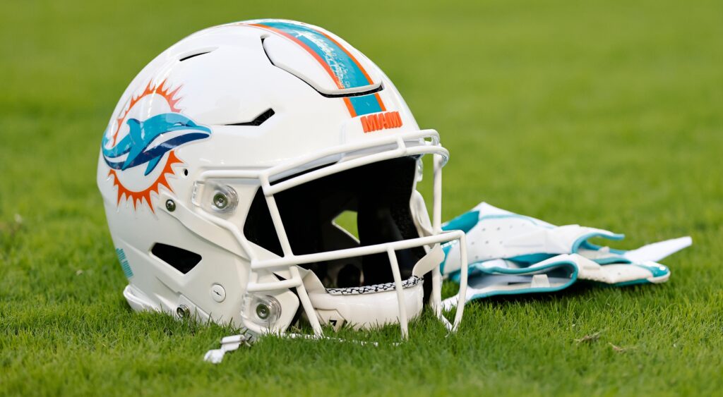 Miami Dolphins' helmet shown at Hard Rock Stadium.