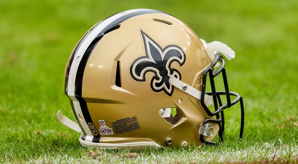 New Orleans Saints' helmet shown at FedExField.