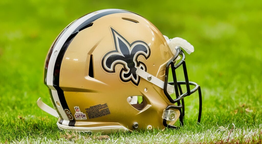 New Orleans Saints helmet shown on the field at FedExField.
