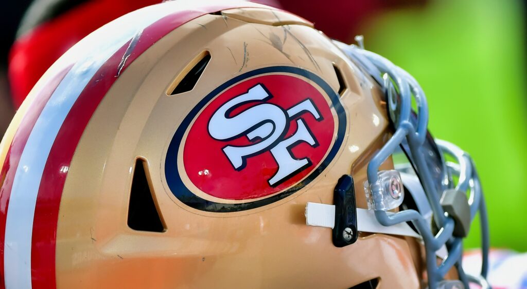 A closeup of the 49ers logo on their helmet.