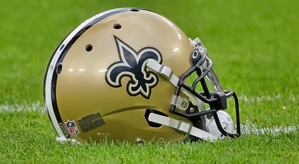 New Orleans Saints' helmet shown at Lambeau Field.