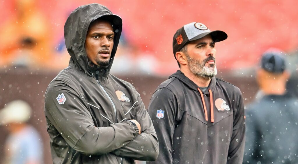 Deshaun Watson (left) and Kevin Stefanski (right) of Cleveland Browns looking on.