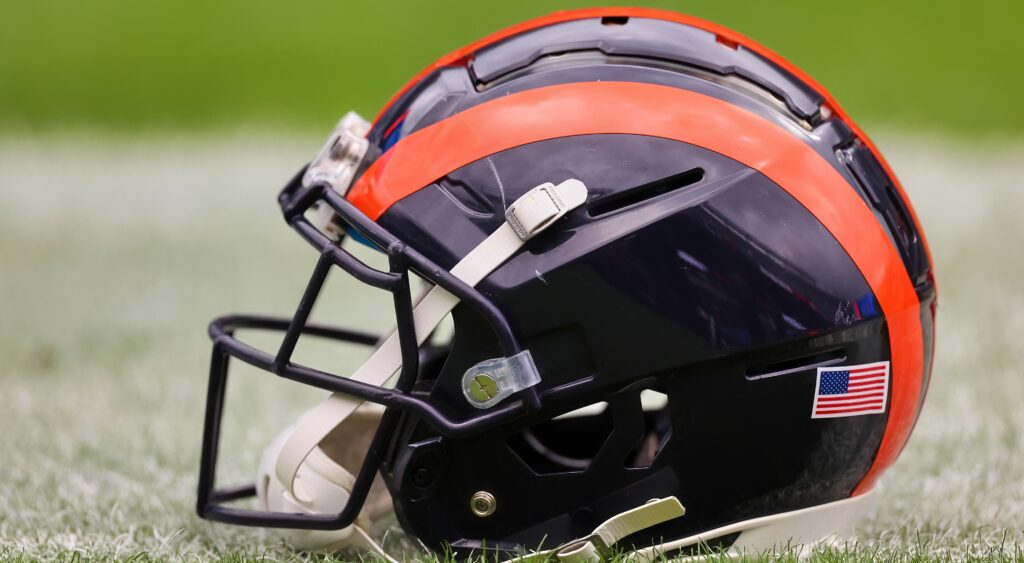 A Chicago Bears' helmet shown on field.