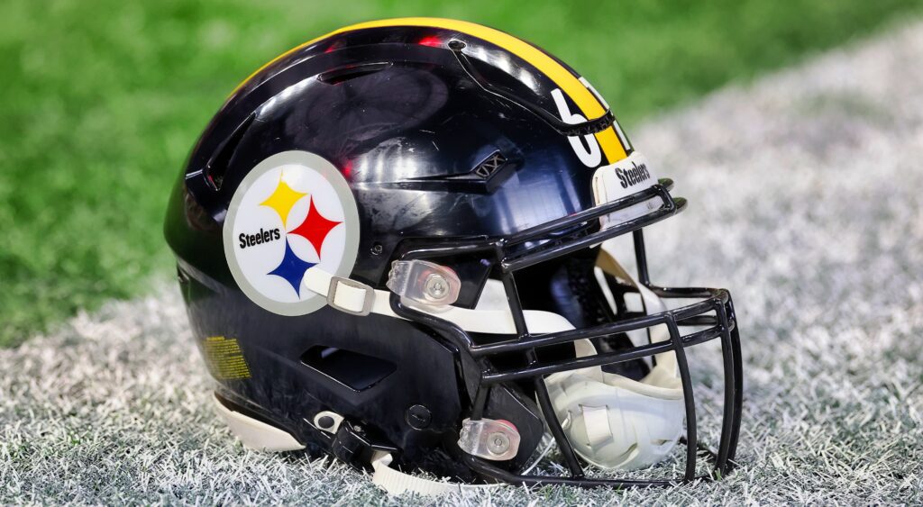 Steelers helmet on the field.