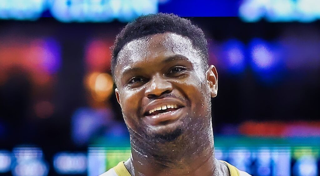 Zion Williamson of New Orleans Pelicans smiling during game.