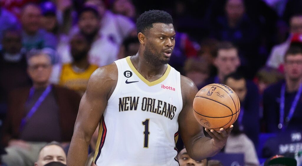 Zion Williamson of New Orleans Pelicans with basketball.
