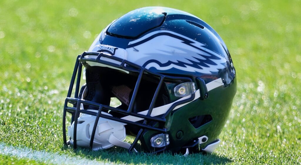 Philadelphia Eagles' helmet shown on field.