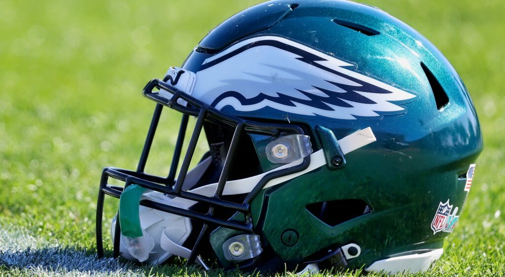 An Eagles helmet on the field.