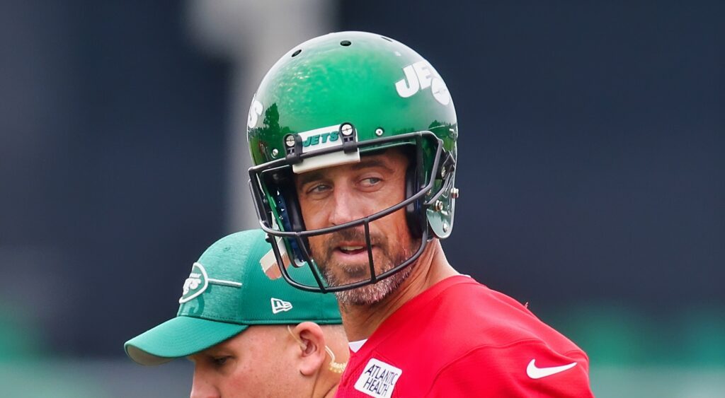 Aaron Rodgers looks on during Jets practice.