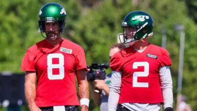 Aaron Rodgers and Zach Wilson in Jets practice