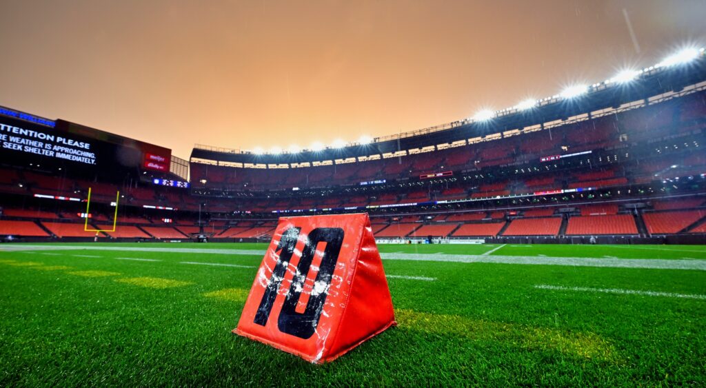 A look at an NFL field during a storm.